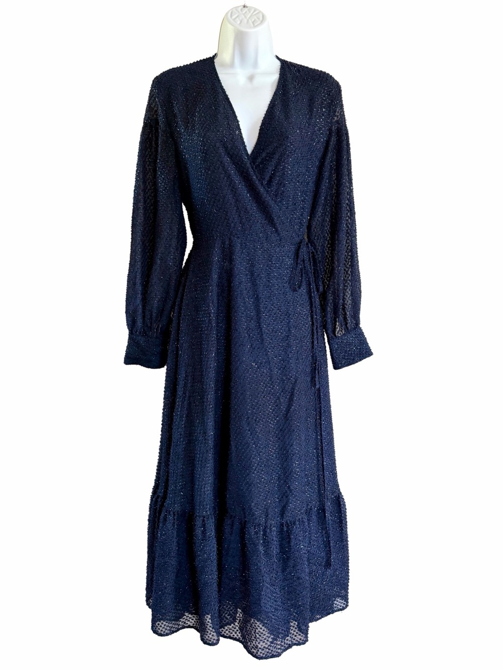 Samsøe Samsøe Tulip Swiss Dot Metallic Navy Wrap Maxi Dress XS